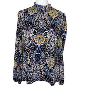 By Design Women's Black Paisley Floral Gold Button Mock Neck Peasant Sleeve XL